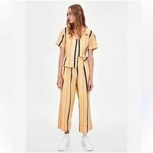 Zara Cotton & Linen Blend Highrise Striped Straight Leg Cuffed Pants